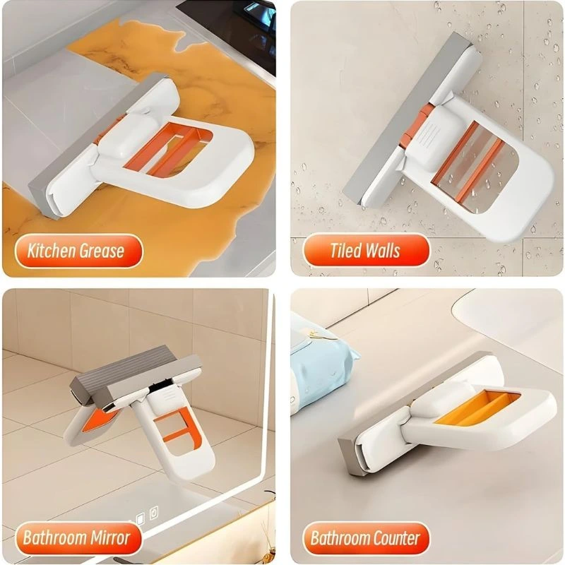 Mini sponge mop shown cleaning kitchen countertop, tiled wall, bathroom mirror and bathroom counter