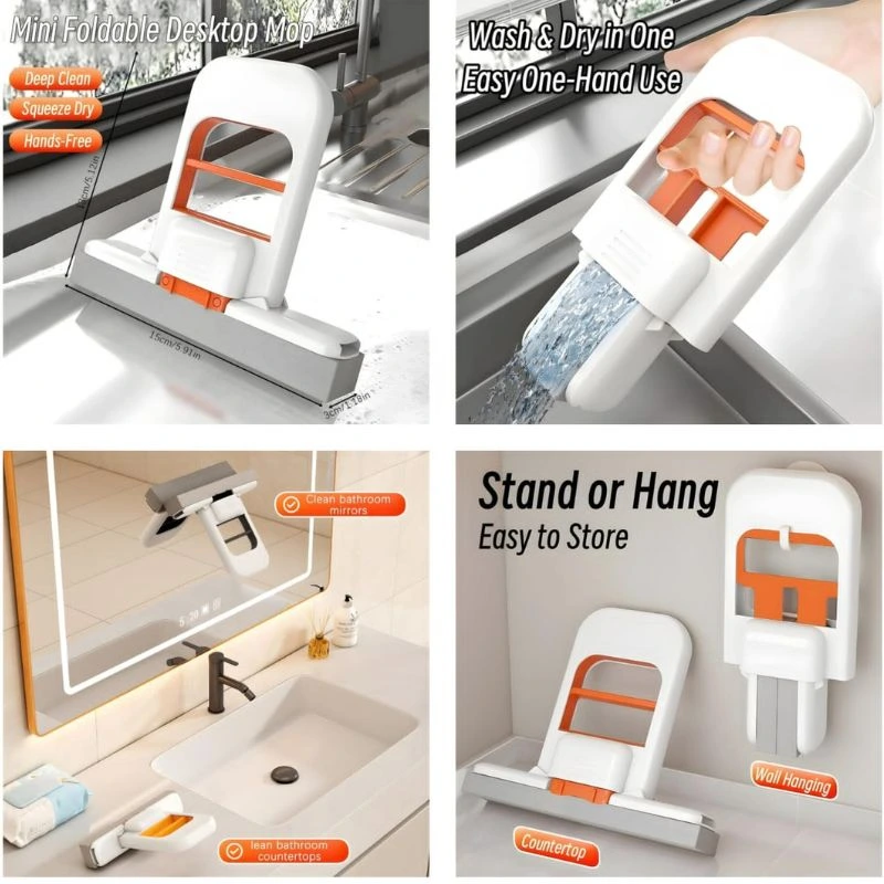Mini Sponge Mop infographic showing self-squeezing cleaning, bathroom use and compact storage